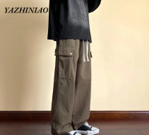 Yazhiniao Quần ống rộng Dáng Suông Phối Dây Rút Phong Cách retro Nhật Bản Thời Trang Cho Nam